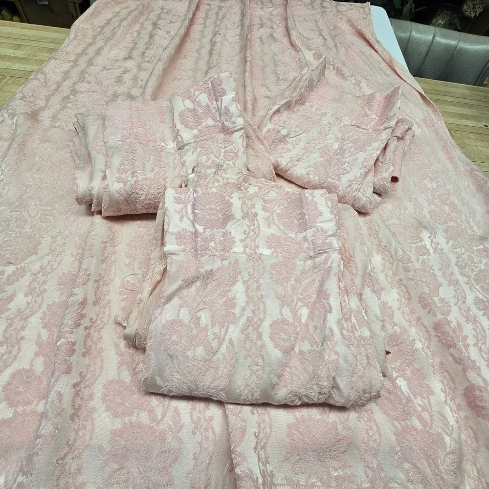 Vintage Damask Curtain Panels 4pc Pink Pinch Pleat Floral Brocade Window Decor